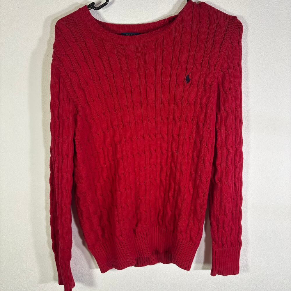 Polo Ralph Lauren Unisex Kids L 14-16 Red Cable Knit Cotton Sweater Pony